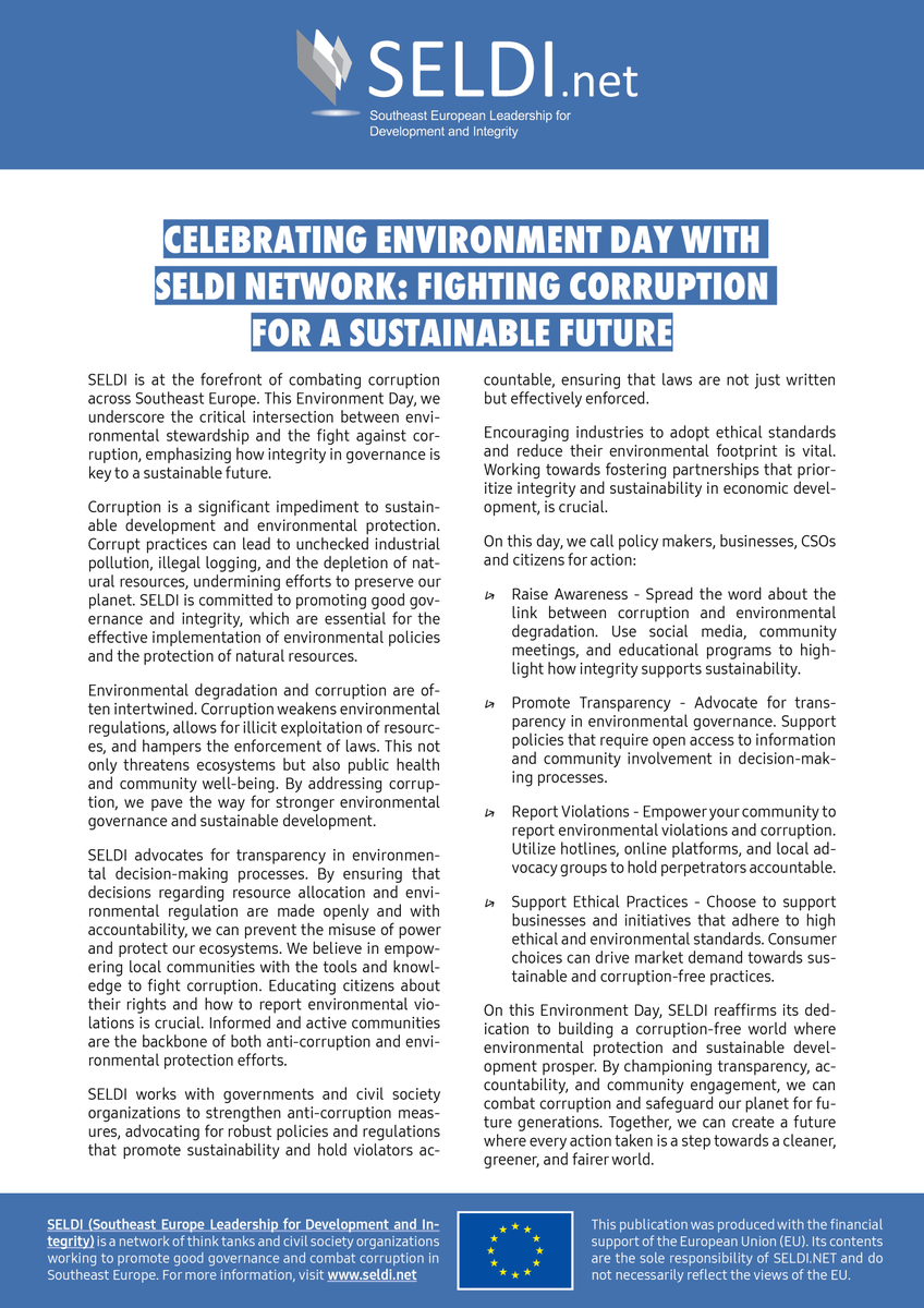 Celebrating Environment Day with SELDI Network: Fighting Corruption for a Sustainable Future

seldi.net/publications/p…