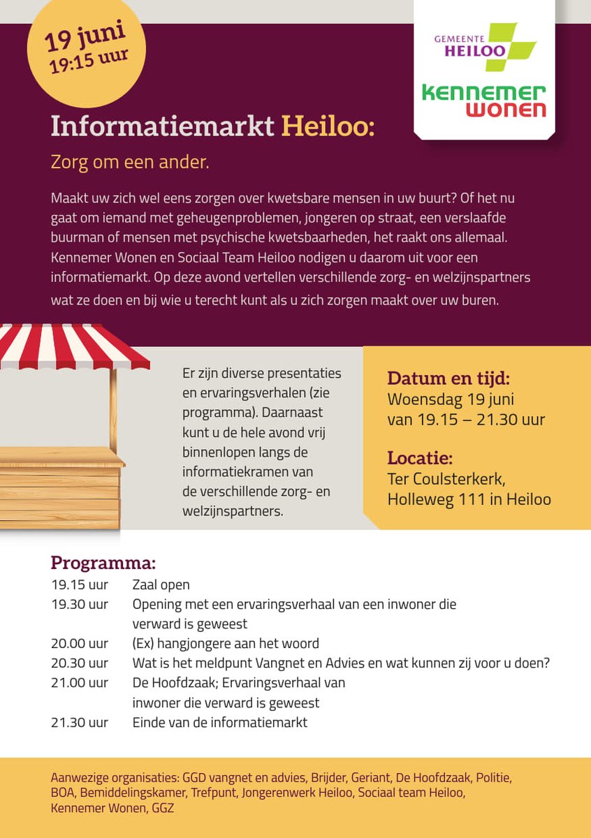 Maak je je zorgen over kwetsbare mensen in jouw buurt? Kom dan vanavond naar de informatiemarkt “Zorg om een ander” in Heiloo. Samen met onze partners vertellen we wat we doen en bij wie je terechtkunt als je zorgen hebt over je buren. Meer info: kennemerwonen.nl/informatiemark…