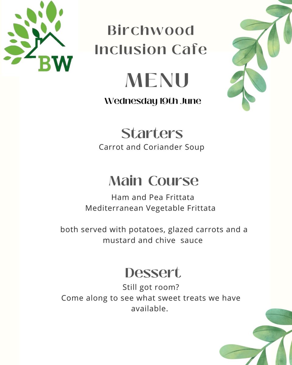Welcome to Birchwood's Café. 

Every Wednesday at the Tanhouse Community Centre.

Our café is open to all.

Allergen Notice:

Should you have any allergens, dietary needs or Q's for our menu.
Please ask a member of staff for details.