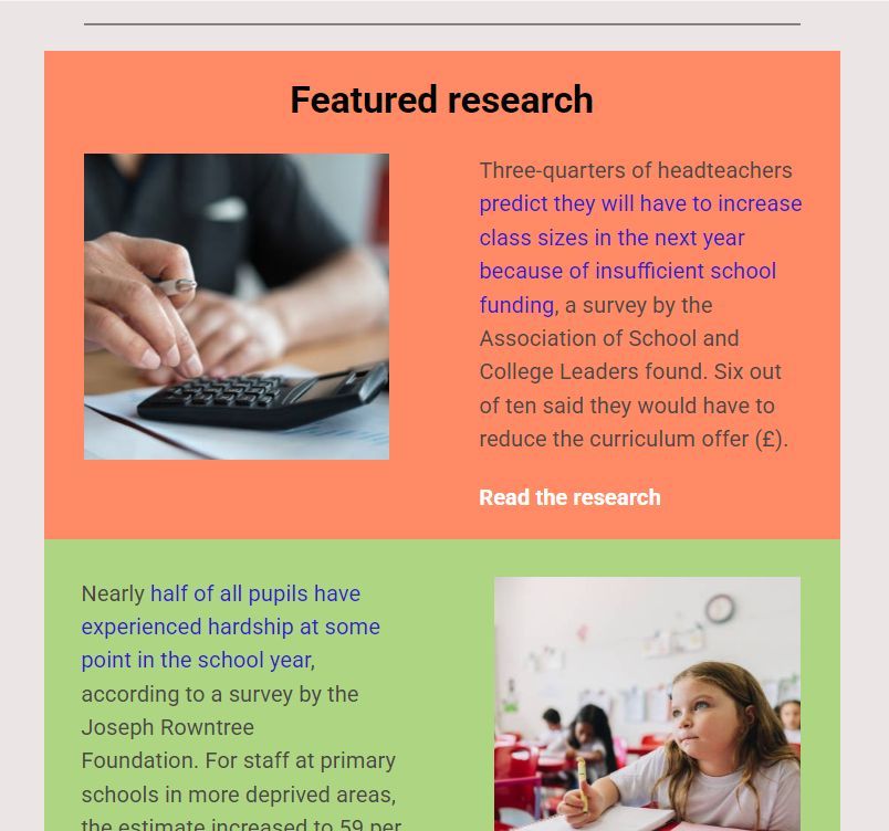 In this week's @eduinsights_OS research roundup:
1. 3/4 of headteachers predict increases in class sizes
2. nearly 1/2 students experienced hardship
3. sexuality and gender most common reasons given by secondary students for bullying

Subscribe:
➡️ buff.ly/3U0O43c