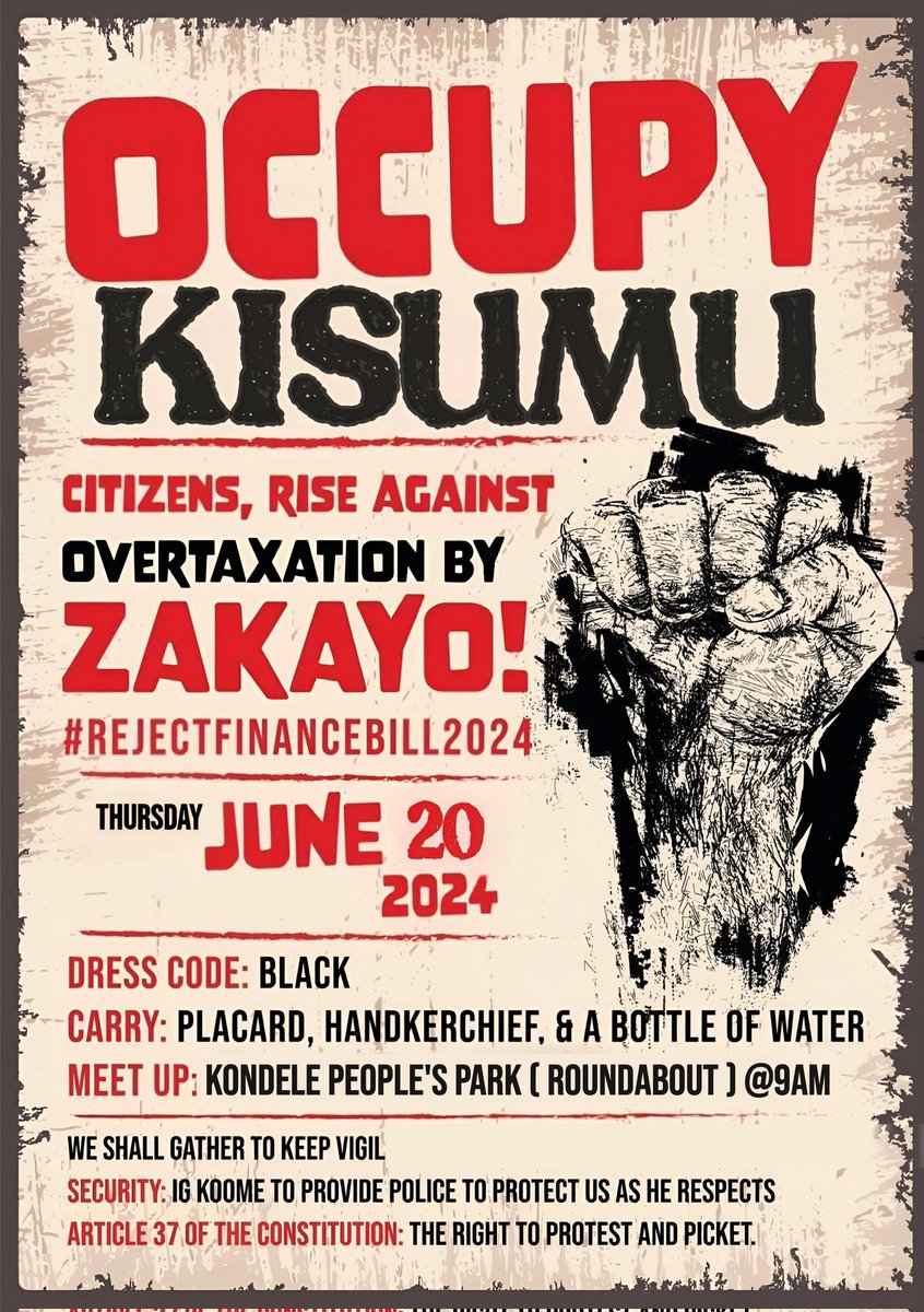 Itsireborn's tweet photo. REPOST for awareness, #RejectFinanceBill2024 protests in the following counties:
#OccupyMombasa Kondele Eldoret 2024 - Sign the Petition The IMF Kenya Police RUTO MUST GO

1. Mombasa - June 19th, Meeting point: Pembe za Ndovu
2. Eldoret - June 20th, Meeting point: Paul's Bakery
3. Kisumu - June 20th, Meeting point: Kondele Roundabout
4. Laikipia - June 20th, Meeting point: QuickMart
5. Nakuru - June 20th, Naivasha subcounty and Nakuru Town (CBD) details to follow.