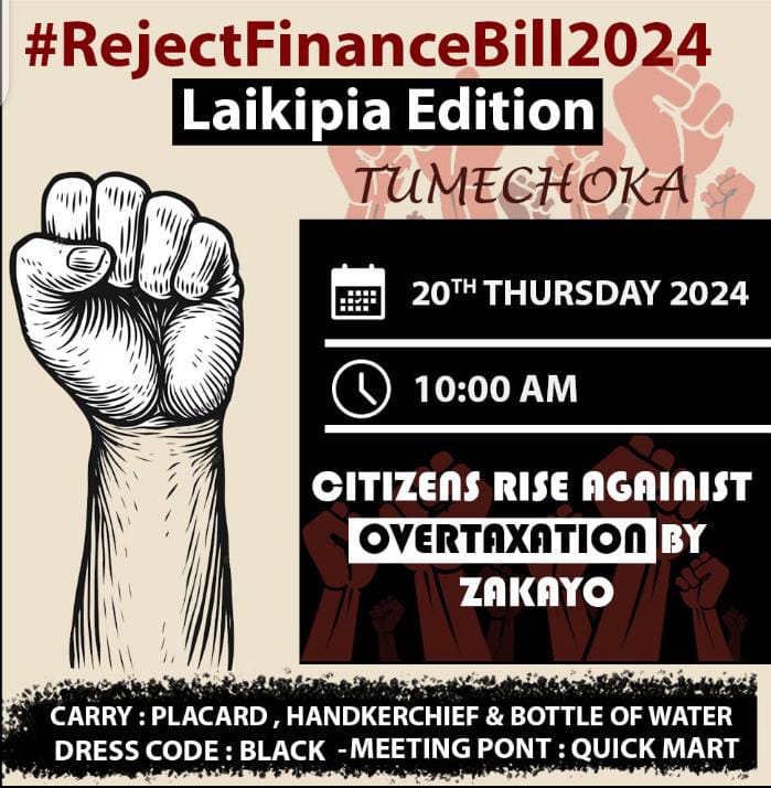 Itsireborn's tweet photo. REPOST for awareness, #RejectFinanceBill2024 protests in the following counties:
#OccupyMombasa Kondele Eldoret 2024 - Sign the Petition The IMF Kenya Police RUTO MUST GO

1. Mombasa - June 19th, Meeting point: Pembe za Ndovu
2. Eldoret - June 20th, Meeting point: Paul's Bakery
3. Kisumu - June 20th, Meeting point: Kondele Roundabout
4. Laikipia - June 20th, Meeting point: QuickMart
5. Nakuru - June 20th, Naivasha subcounty and Nakuru Town (CBD) details to follow.