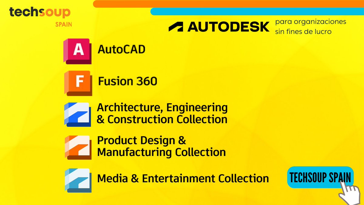 ¡Hoy en #TechSoupSpain os traemos increíbles descuentos de más del 90% en productos de <a href="/Autodesk/">Autodesk</a> para el #TercerSector! 🌟

Fusion 360: Diseño de producto e ingeniería.
AutoCAD: Dibujo y diseño asistido por computadora.
Collections: Construcción, fabricación y entretenimiento.