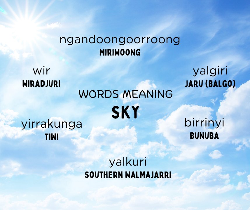 RUIL Unimelb (@indiglang) on Twitter photo Here are six words for Sky in six Indigenous languages. Listen and learn at the 50 Word Project link below. 50words.online/languages #LearnLanguages #IndigenousLanguages
<a href="/ArtsUnimelb/">Faculty of Arts</a>
<a href="/IKI_Unimelb/">Indigenous Knowledge Institute</a> Here are six words for Sky in six Indigenous languages. Listen and learn at the 50 Word Project link below. 50words.online/languages #LearnLanguages #IndigenousLanguages
<a href="/ArtsUnimelb/">Faculty of Arts</a>
<a href="/IKI_Unimelb/">Indigenous Knowledge Institute</a>