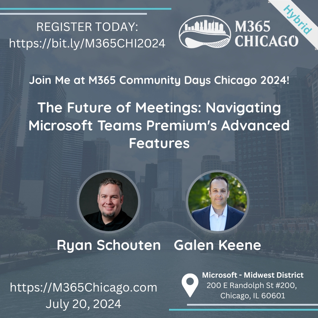 Ready to revolutionize your corporate communication? Join @sharepointknight and <a href="/sdkeene/">Galen Keene | Microsoft MVP</a> at #M365Chicago for 'The Future of Meetings: Navigating MS Teams Premium's Advanced Features'! Unlock next-gen meeting potential! #M365 #CommunityLuv #CommunityRocks bit.ly/4bXFn07