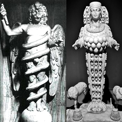 dreamlion's tweet photo. The Mithraic lion-headed god and his girlfriend Artemis of Ephesos.  

Notice that he has the signs of the zodiac between the coils of the snake wrapped around him, and she has the zodiac in a band around her upper chest. https://t.co/PPJyjQts7V
