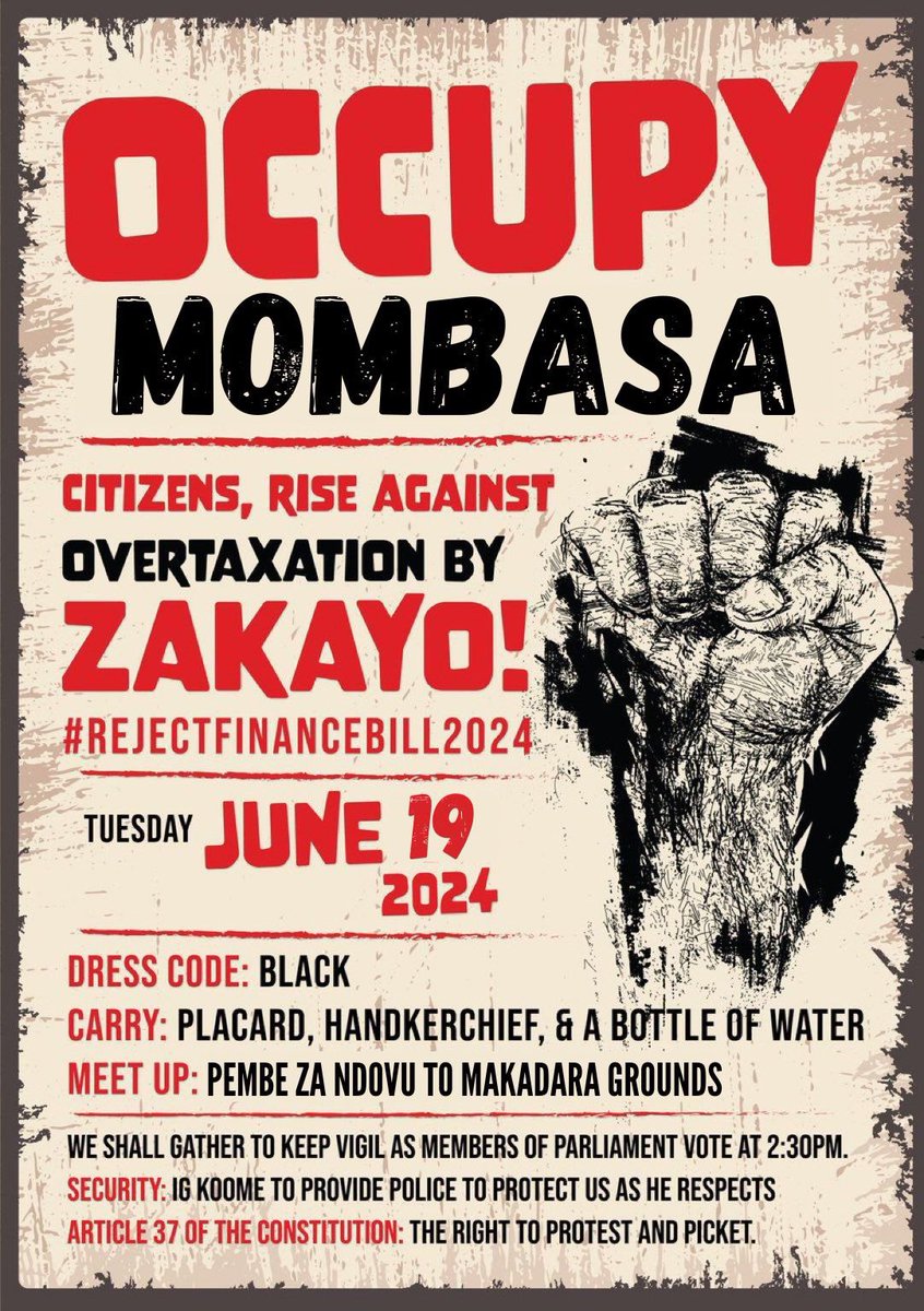 It's going on well my people....  #RejectFinaneBill2024  protests in the following counties .. 
1. Kisumu June 20th, Meeting point -Kondele Round about 
2. Eldoret June 20th, Meeting point - Paul's Bakery
3.Mombasa  June 19th, Meeting point - Pembe za Ndovu 
4. Laikipia 20th
