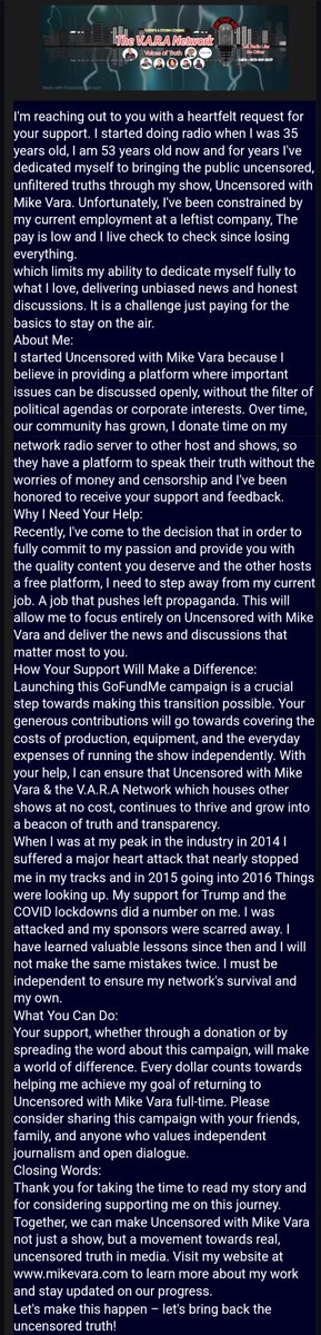 dfneely's tweet photo. 3 wks later, another BS Vara GoFundMe scam...

This one is, basically, begging ppl for $$$ so that he can't quit his real job (of ~3 yrs) at WalMart and go back to being a lazy bum like before... doing pathetically embarrassing, very low IQ, fake radio.. living off the gullible. https://t.co/yQ8YtTHs5a