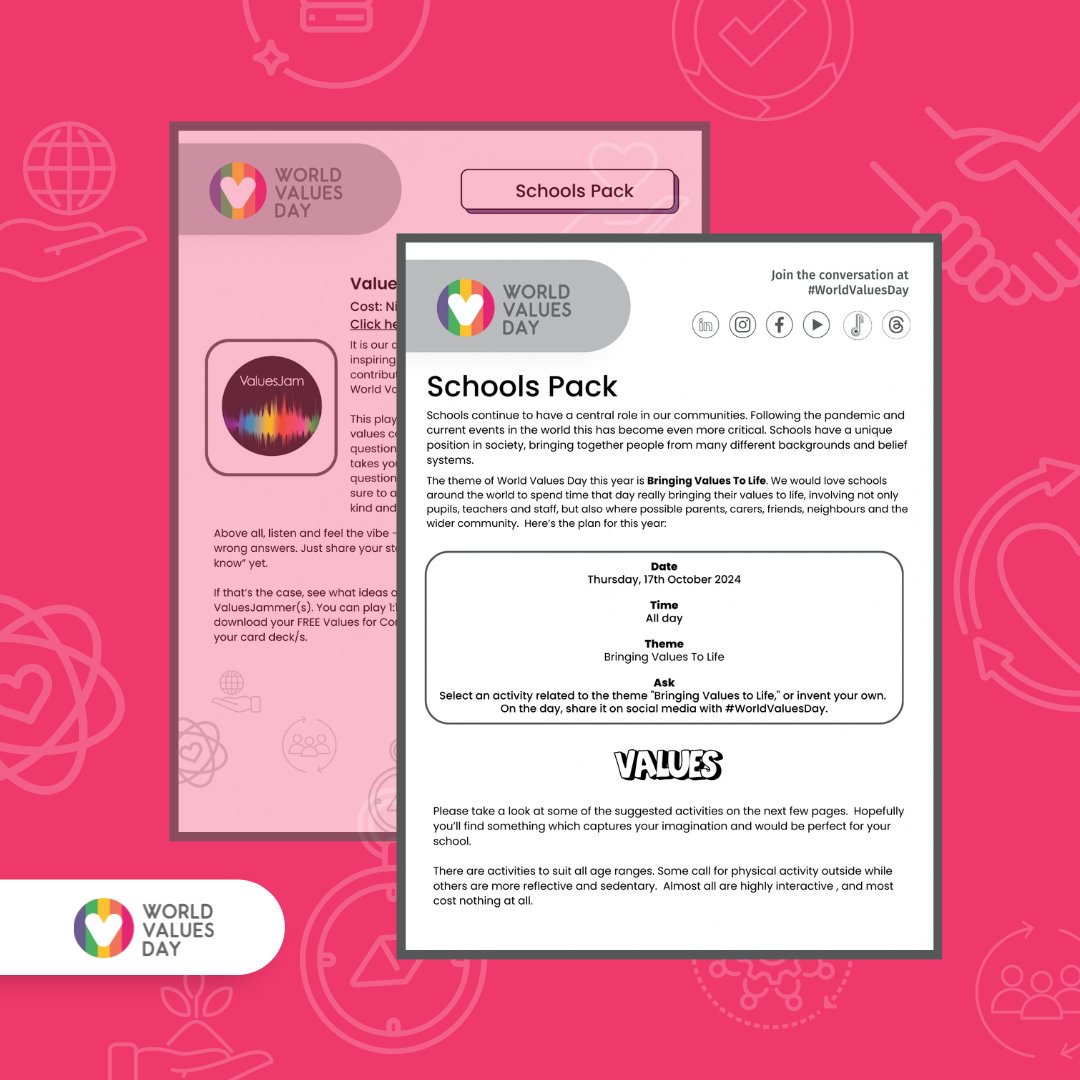 ValuesDay's tweet photo. Our 2024 Schools Pack is here 🎉

If you are a #teacher, a parent, or in a role that supports #schools, this pack has many ideas to help you inspire our youth to know their #values and how to put them into practice.  

https://t.co/yIoK7ZrSUD

#Education  #ValuesinEducation https://t.co/sA3Se0o2HK
