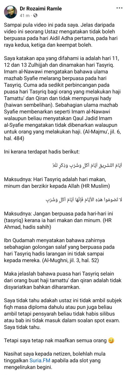 ZacZakirin13's tweet photo. Salam @suria_malaysia,

Dah tersebar satu video tentang Hukum Puasa pada hari Tasyrik dari Suria FM, dan dijawab oleh Don Daniyal bahawa boleh berpuasa pd hari tersebut. 

Sedangkan JAKIM dan para ustaz yg lain sudah menjawab ttg hukum haram puasa hari tersebut. Sudah-sudahlah orang media dengan Don ni. Lepas 1 isu, then 1 isu timbul.