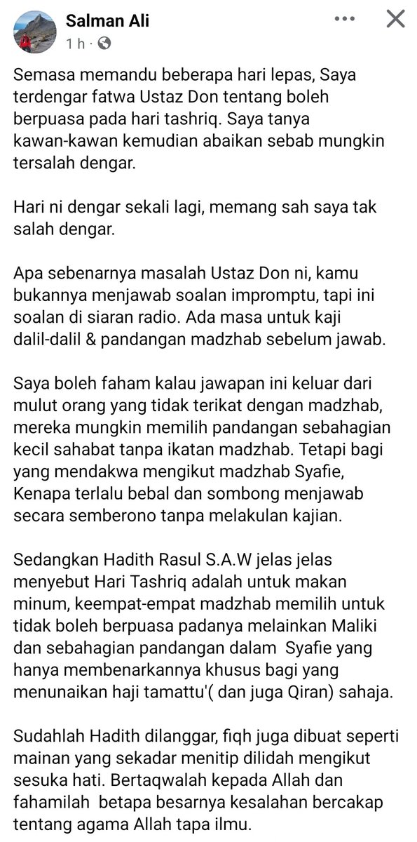 ZacZakirin13's tweet photo. Salam @suria_malaysia,

Dah tersebar satu video tentang Hukum Puasa pada hari Tasyrik dari Suria FM, dan dijawab oleh Don Daniyal bahawa boleh berpuasa pd hari tersebut. 

Sedangkan JAKIM dan para ustaz yg lain sudah menjawab ttg hukum haram puasa hari tersebut. Sudah-sudahlah orang media dengan Don ni. Lepas 1 isu, then 1 isu timbul.