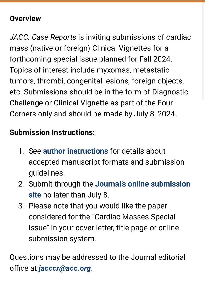 Dr. Gilbert Tang (@gilberttangmd) on Twitter photo #JACCCaseReports <a href="/JACCJournals/">JACC Journals</a> Call for Papers on ❤️masses! Anything you found in the ❤️! Submit here! Deadline July 8. Top accepted cases may get into #JACC! <a href="/DeeDeeWangMD/">Dee Dee Wang MD</a> <a href="/MinnowWalsh/">Minnow Walsh, MD, MACC</a> <a href="/hmkyale/">Harlan Krumholz</a> <a href="/Justine_Turco/">Justine VarieurTurco</a>
jacc.org/call-for-paper… #JACCCaseReports <a href="/JACCJournals/">JACC Journals</a> Call for Papers on ❤️masses! Anything you found in the ❤️! Submit here! Deadline July 8. Top accepted cases may get into #JACC! <a href="/DeeDeeWangMD/">Dee Dee Wang MD</a> <a href="/MinnowWalsh/">Minnow Walsh, MD, MACC</a> <a href="/hmkyale/">Harlan Krumholz</a> <a href="/Justine_Turco/">Justine VarieurTurco</a>
jacc.org/call-for-paper…