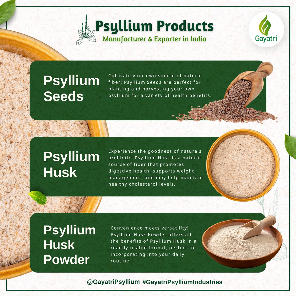 gayatripsyllium's tweet photo. We offer a comprehensive selection of #Psylliumproducts to cater to your diverse needs:
#PsylliumSeeds #PsylliumHusk #Psyllium #HuskPowder #Isabgol
🔗 https://t.co/N0F82kIa0e
📞 +91-99250 33844 | +91-98250 33422
✉️ info@gayatripsyllium.com
#GayatriPsyllium #Exporter https://t.co/38VvlyR10f