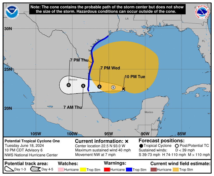 SkyAlertStorm's tweet photo. Actualización potencial de #CiclónTropical "Uno"en Golfo de México: 

Sin cambios significativos en cuanto a intensificación, aunque la nubosidad empieza a organizarse. La velocidad de su trayectoria actual es de 11 km/h.

🔹Se ubica a 510 km al este-sureste de la Pesca, Tamaulipas. 
🔹Vientos sostenidos de 65 km/h.
🔹Vigente la zona de alerta, por efectos de tormenta tropical, desde la desembocadura del Río Bravo hasta Altamira, Tamaulipas.

Atentos a cambios en próximas horas.