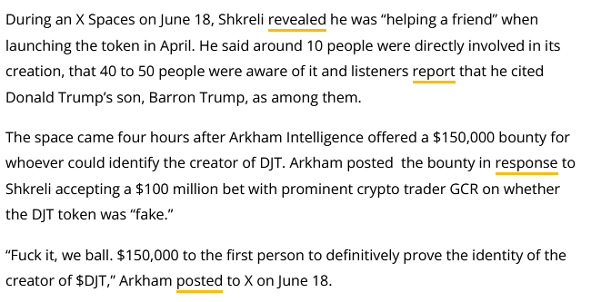 Cointelegraph's tweet photo. Pharma Bro Martin Shkrel claimed he was behind the $DJT token, not long after a $150K bounty was offered for proof of the identity of the token's creator. https://t.co/76CgyiOH6G