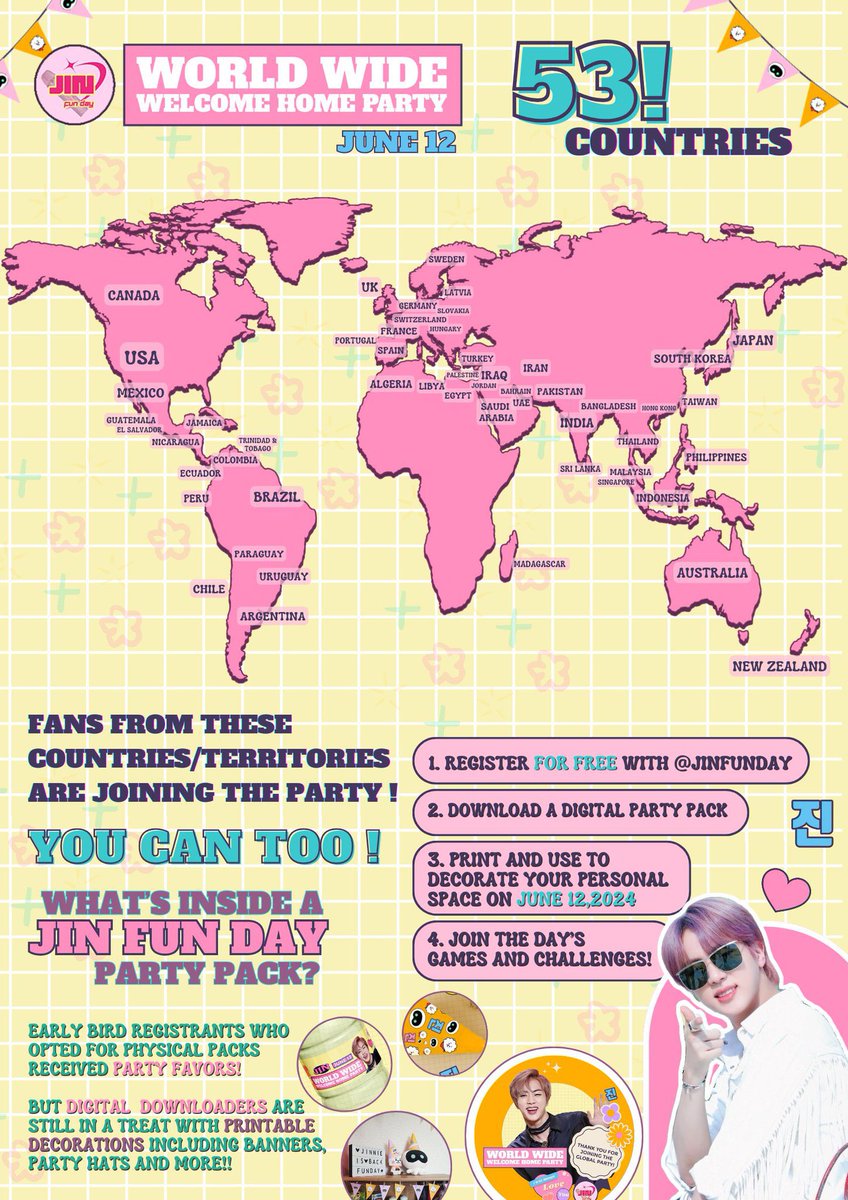 JinFunDay's tweet photo. We are proud to be part of the global celebration with 53 particating countries that welcomed Jin home!! 🎉🎉
#JINFUNDAY
#JIN #방탄소년단진 of @BTS_twt https://t.co/tuLzAOzh7F