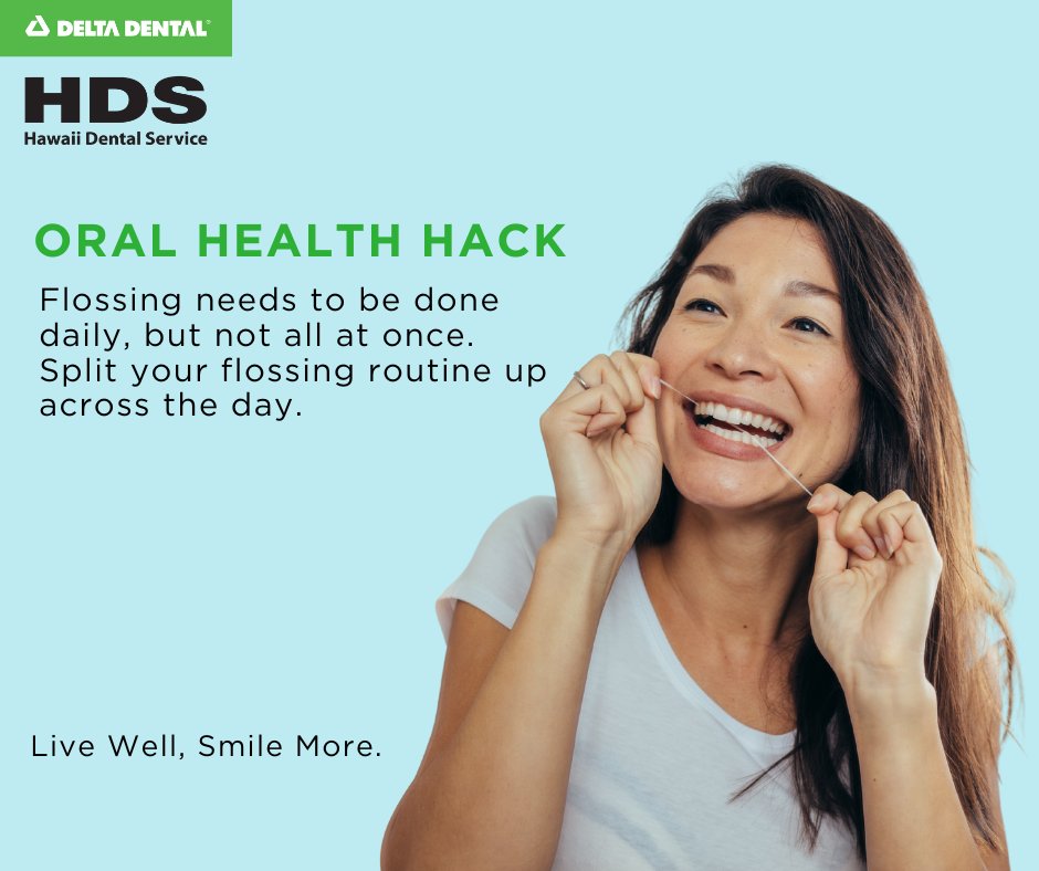 HIDentalService's tweet image. Cleaning between your teeth doesn’t have to happen all at once. Simplify your flossing routine!

#OralHealthHacks #Flossing #FlossingTips