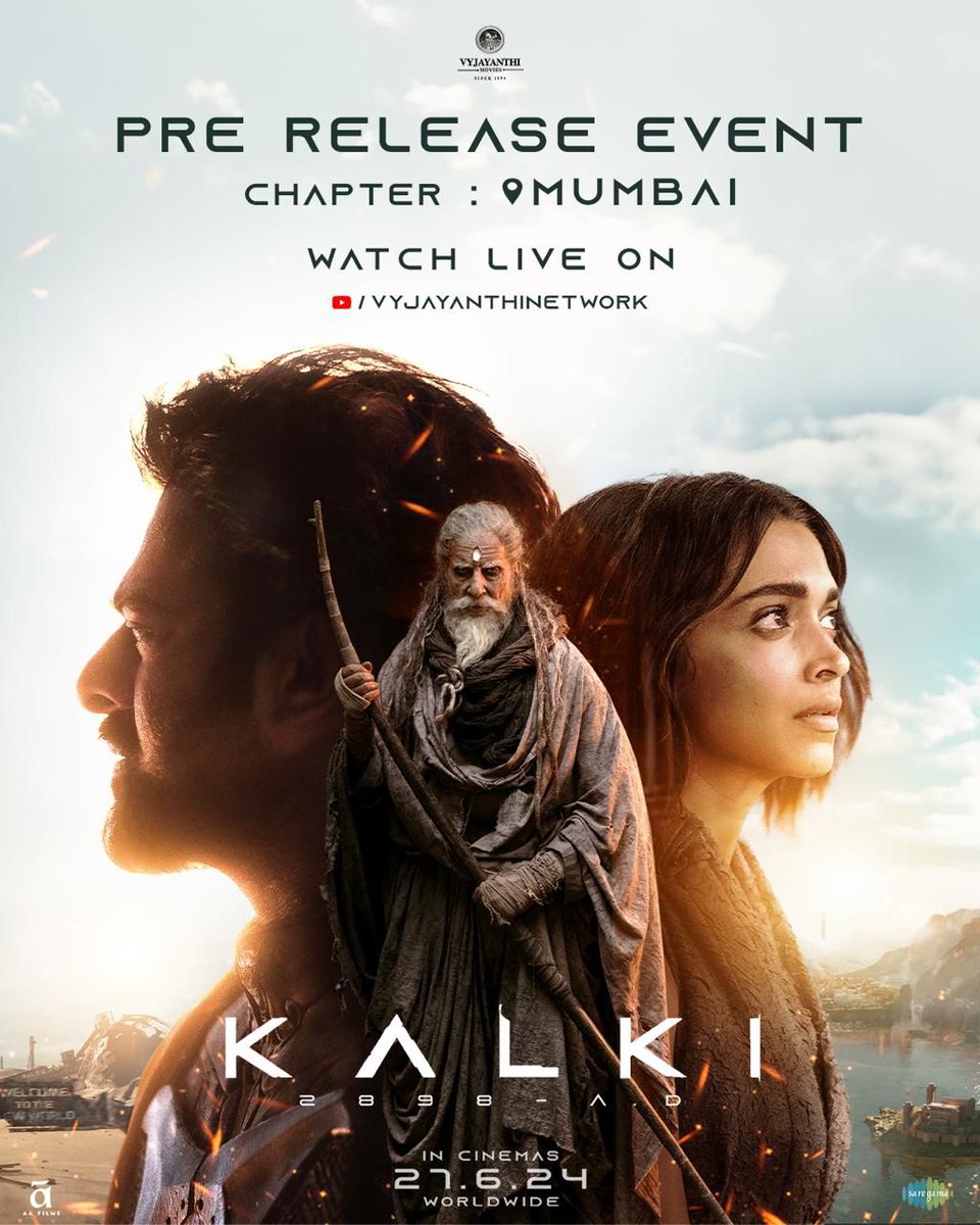 Team #Kalki2898AD arrives in Mumbai for a grand pre-release event!!!

🕕 Today from 6PM onwards.

Stay tuned: youtube.com/live/MWMYJiGy4…

<a href="/SrBachchan/">Amitabh Bachchan</a> <a href="/ikamalhaasan/">Kamal Haasan</a> #Prabhas <a href="/deepikapadukone/">Deepika Padukone</a> <a href="/nagashwin7/">Nag Ashwin</a> <a href="/DishPatani/">Disha Patani</a> <a href="/Music_Santhosh/">Santhosh Narayanan</a> <a href="/VyjayanthiFilms/">Vyjayanthi Movies</a> <a href="/Kalki2898AD/">Kalki 2898 AD</a>  #Kalki2898ADonJune27