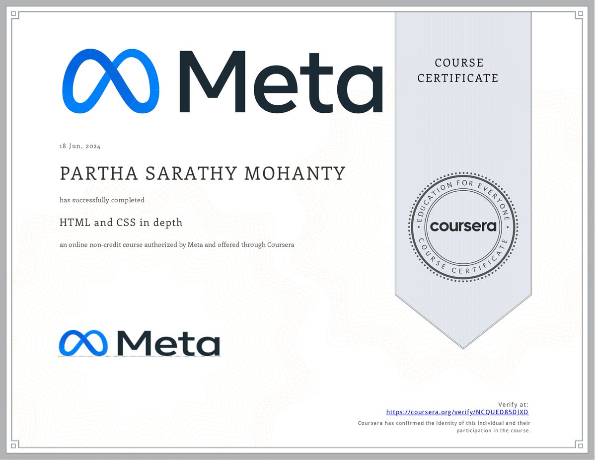 Some great news I wanted to share is that I passed my online course on "HTML and CSS in Depth" backed by <a href="/Meta/">Meta</a>, which was hosted on <a href="/coursera/">Coursera</a>. 

Thank you <a href="/Meta/">Meta</a> <a href="/coursera/">Coursera</a> and <a href="/ChatGPTapp/">ChatGPT</a> and <a href="/OpenAI/">OpenAI</a> for this opportunity.

#WebDevelopment #HTML #CSS #Coursera #Meta #TechSkills