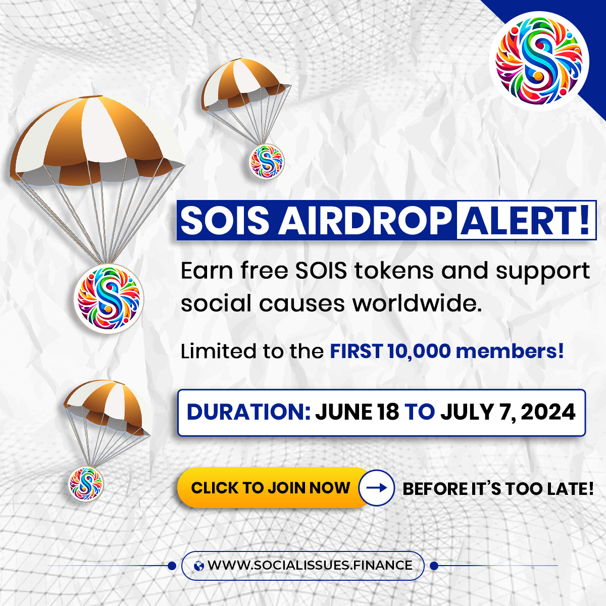 SOIS AIRDROP ALERT!

Earn free SOIS tokens and support social causes worldwide🌍

Limited to the First 10,000 Members!

Duration: June 18 to July 7, 2024

Join Now, Before it's Too Late!

Click Here: gleam.io/o8H4M/sois-air…

#airdrop #airdrops #cryptocurrency #crypto #bounty