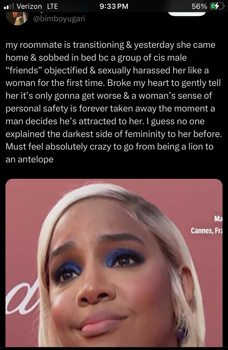 likebattleangel's tweet photo. When trans women confide in you about the misogyny they’ve been subjected to you might consider reacting with empathy and sisterhood rather than smug and mean-spirited oneupmanship and misguided presumptions about the social position of trans women prior to transition https://t.co/AYc5lWLhMT