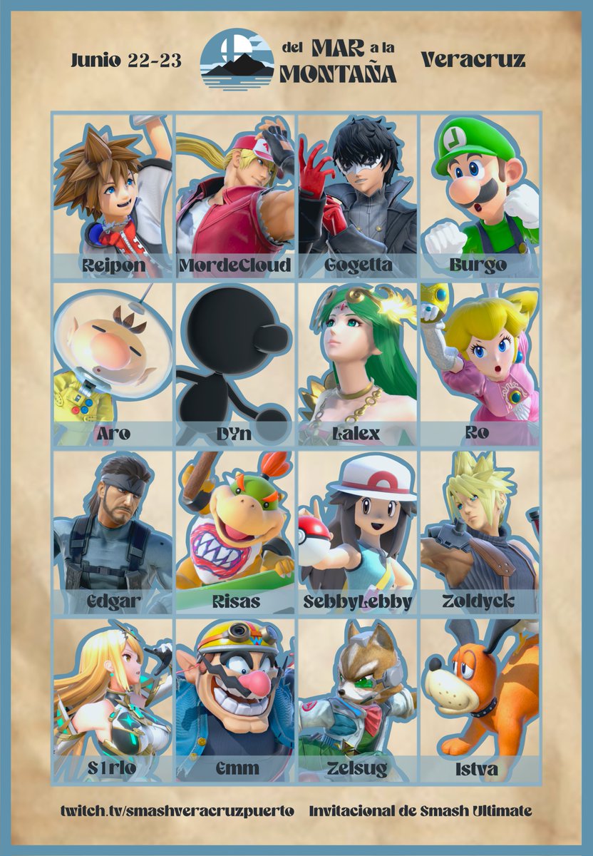 ¡El roster finalmente esta completo!
Estamos a unos días del invitacional ¿Quién creen que sea el primero en escalar la montaña y ver la cima?⛰️

No se lo pierdan este 22 y 23 de junio en twitch.tv/smashveracruzp…