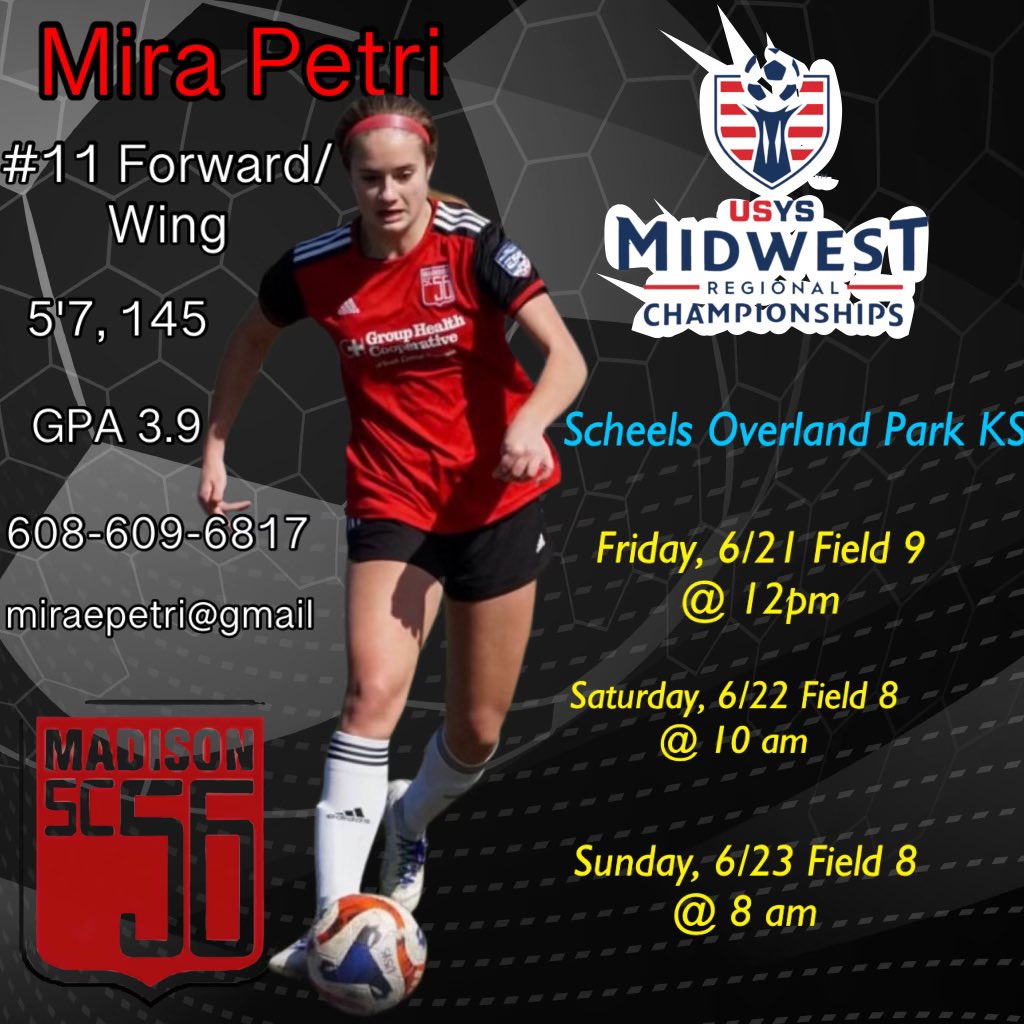 My team and I are ready for Regionals! Looking forward to some great games in Kansas, Let’s go 56ers‼️

<a href="/ImYouthSoccer/">ECNL/GA/Recruiting/College Soccer</a> <a href="/ImCollegeSoccer/">College Soccer Truth ™</a> <a href="/PrepSoccer/">Prep Soccer ⚽️</a> @SoccerMomInt <a href="/56ers07G/">Madison 56ers 2007 Red Girls - Elite 64</a> <a href="/USYouthSoccer/">US Youth Soccer</a>