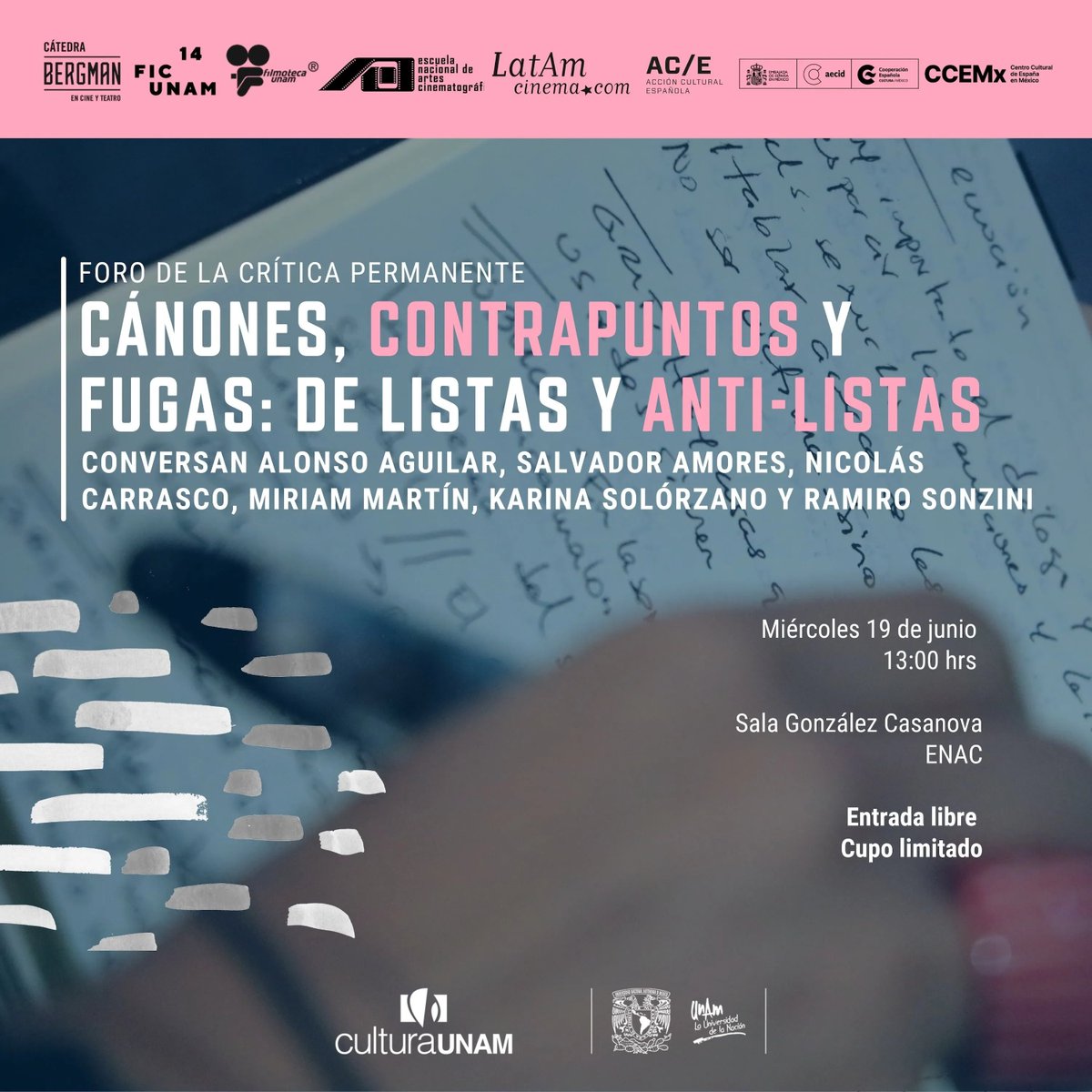 ¡Únete al Foro de la crítica permanente! Asiste a la mesa de reflexión: Cánones, contrapuntos y fugas. De listas y anti-listas.
Hoy, 19 junio, 13 h. Sala González Casanova de la <a href="/enacunam/">Escuela Nacional de Artes Cinematográficas UNAM</a>
Reserva en comunidad.cultura.unam.mx #sumapuntos al reseñar.
#FICUNAM14