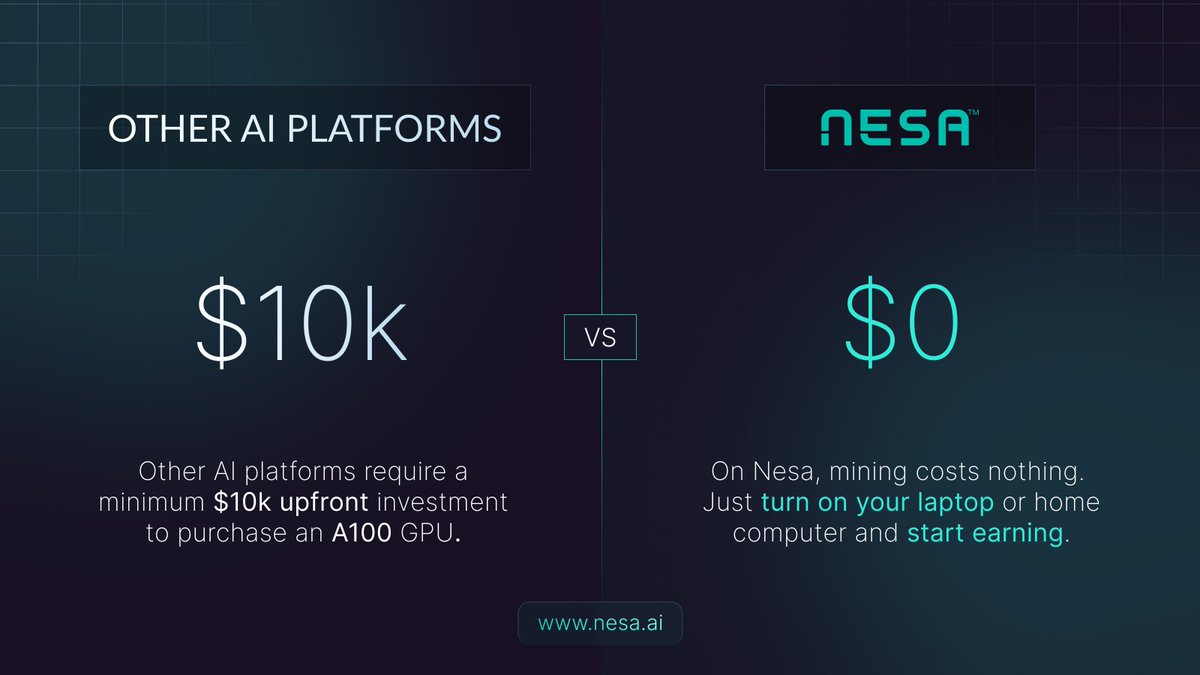 We're putting the final touches on the Validator Program! In anticipation for our very first day of mining, we're releasing minimum requirements to run a Nesa Node.

Other AI platforms: A100 GPU ~$10k+ minimum investment cost.

Nesa: Your laptop at home. $0 additional investment