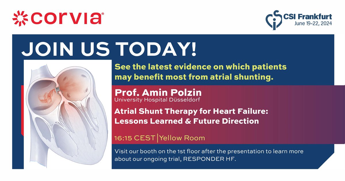 #CSIFrankfurt2024 is here! Don't miss today's session on #Interatrialshunt therapy at 16:15 CEST. With two #atrialshunt randomized trials now complete, come hear <a href="/amin_polzin/">Amin Polzin</a> discuss why the #Corvia Atrial Shunt holds promise for #HFpEF patients!

#cardiotwitter #structuralheart