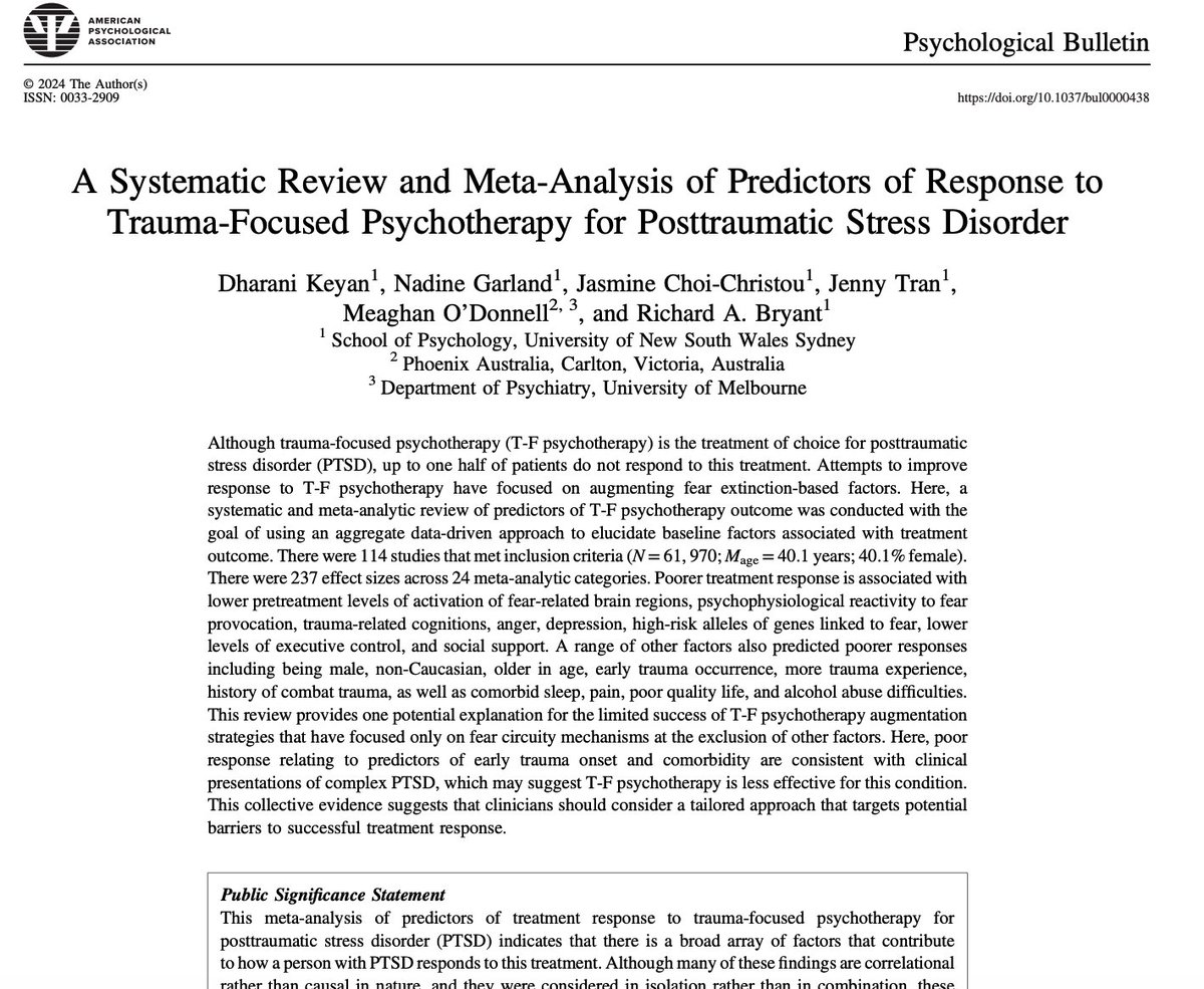 Dharani Keyan (@_keyand) on Twitter photo Our systematic review and meta-analysis on predictors of response to trauma-focused (T-F) psychotherapy for PTSD is now available online in the journal Psychological Bulletin <a href="/APA/">American Psychological Association</a> <a href="/ISTSSnews/">ISTSS</a>. For more details, check our our paper here psycnet.apa.org/fulltext/2024-… Our systematic review and meta-analysis on predictors of response to trauma-focused (T-F) psychotherapy for PTSD is now available online in the journal Psychological Bulletin <a href="/APA/">American Psychological Association</a> <a href="/ISTSSnews/">ISTSS</a>. For more details, check our our paper here psycnet.apa.org/fulltext/2024-…