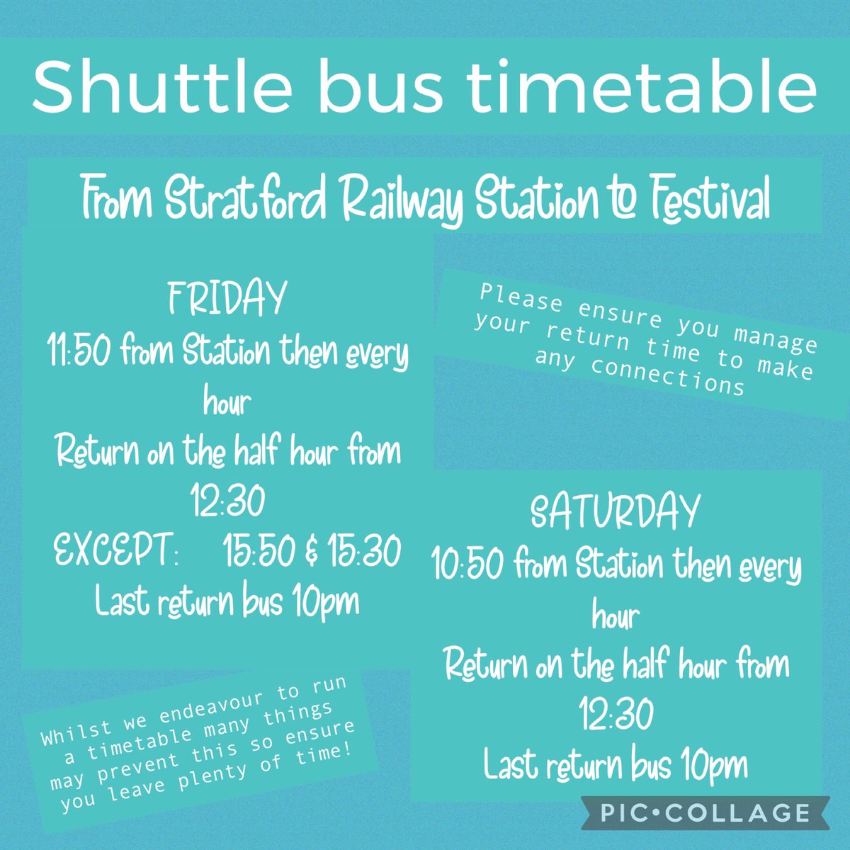 SoABeerFestival's tweet image. Ladies and Gents,

If using our free shuttle service, please see the timetable and details below that we will try to run.  

Please note this is a reasonable endeavours service and you need to manage your own timings to meet any connections.

tinyurl.com/Stratford-Beer…
#beerfestival