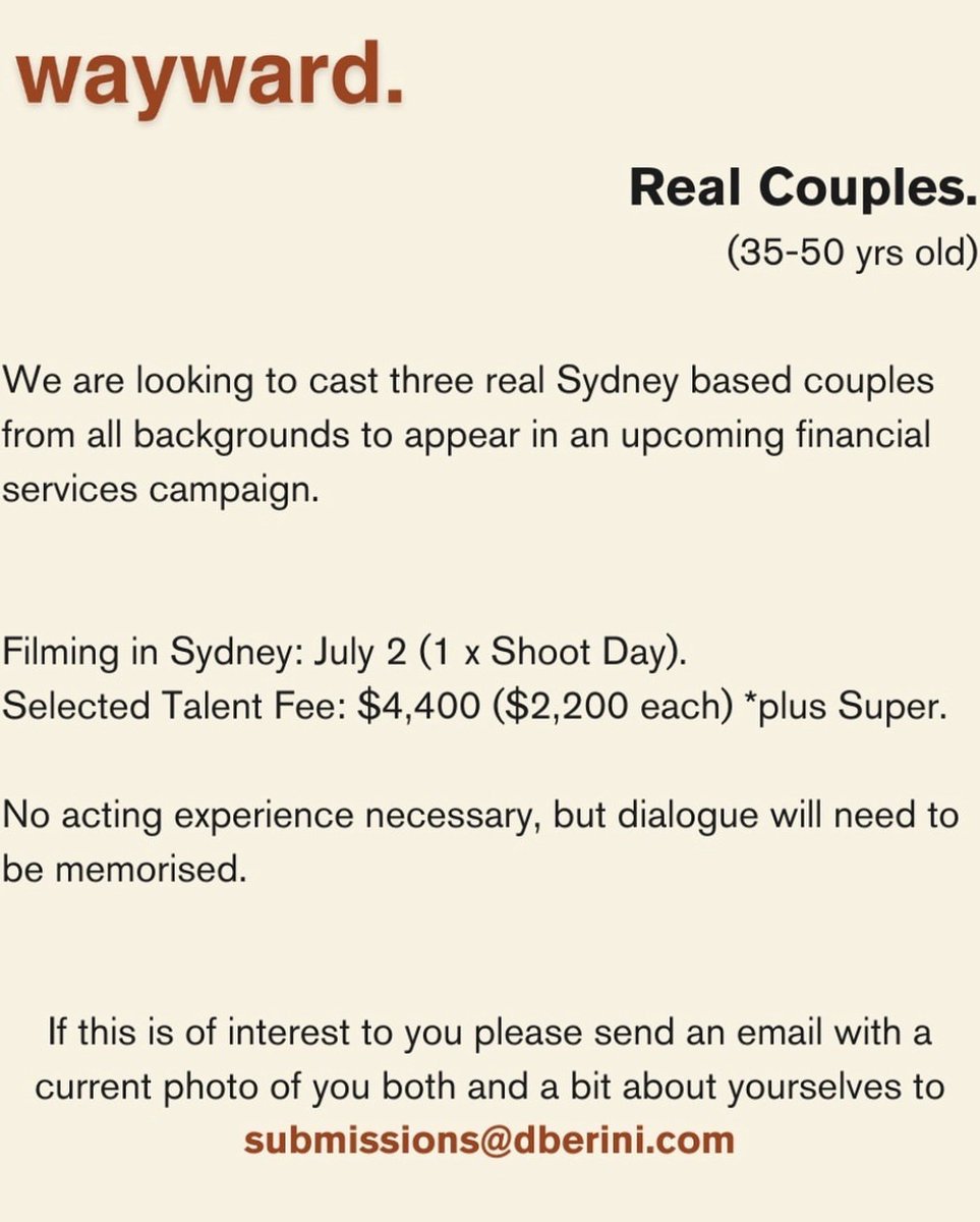 gigbooktv's tweet image. Casting for Finance Services Campaign Sydney gigbook.tv/blog/casting-f…
#opencastingcall
#financeservicescampaign
#sydney
#warwardcreativecasting
#realcouples
#35to50yearsold
#sydneybasedcouples
#allbackgrounds
#gigbook
#onestopshop
#castandcrew
#joinforfree
#applyhere