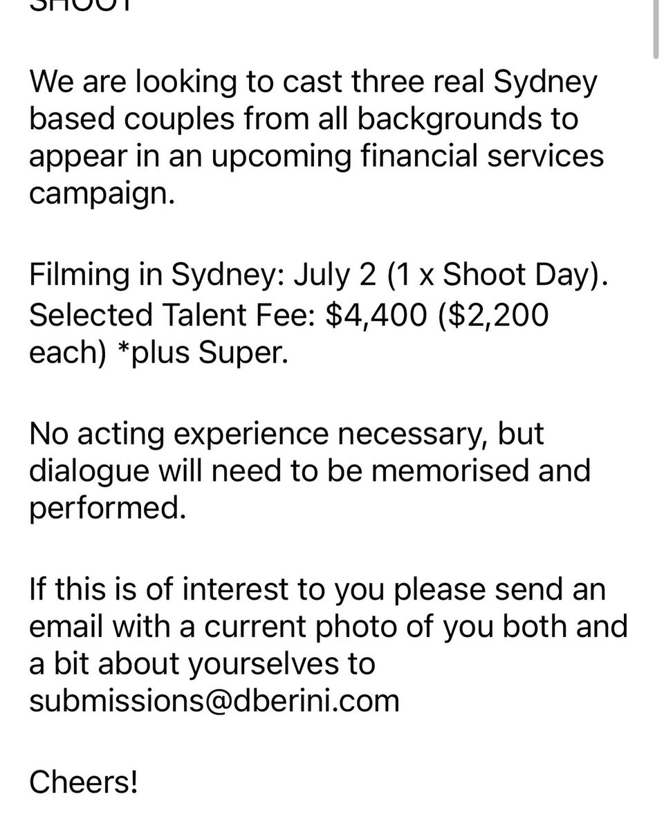 gigbooktv's tweet image. Casting for Finance Services Campaign Sydney gigbook.tv/blog/casting-f…
#opencastingcall
#financeservicescampaign
#sydney
#warwardcreativecasting
#realcouples
#35to50yearsold
#sydneybasedcouples
#allbackgrounds
#gigbook
#onestopshop
#castandcrew
#joinforfree
#applyhere