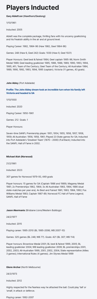 For such a prestigious honour, it'd be nice if the website documenting the members of the Australian Football Hall of Fame was more than just one long Word document