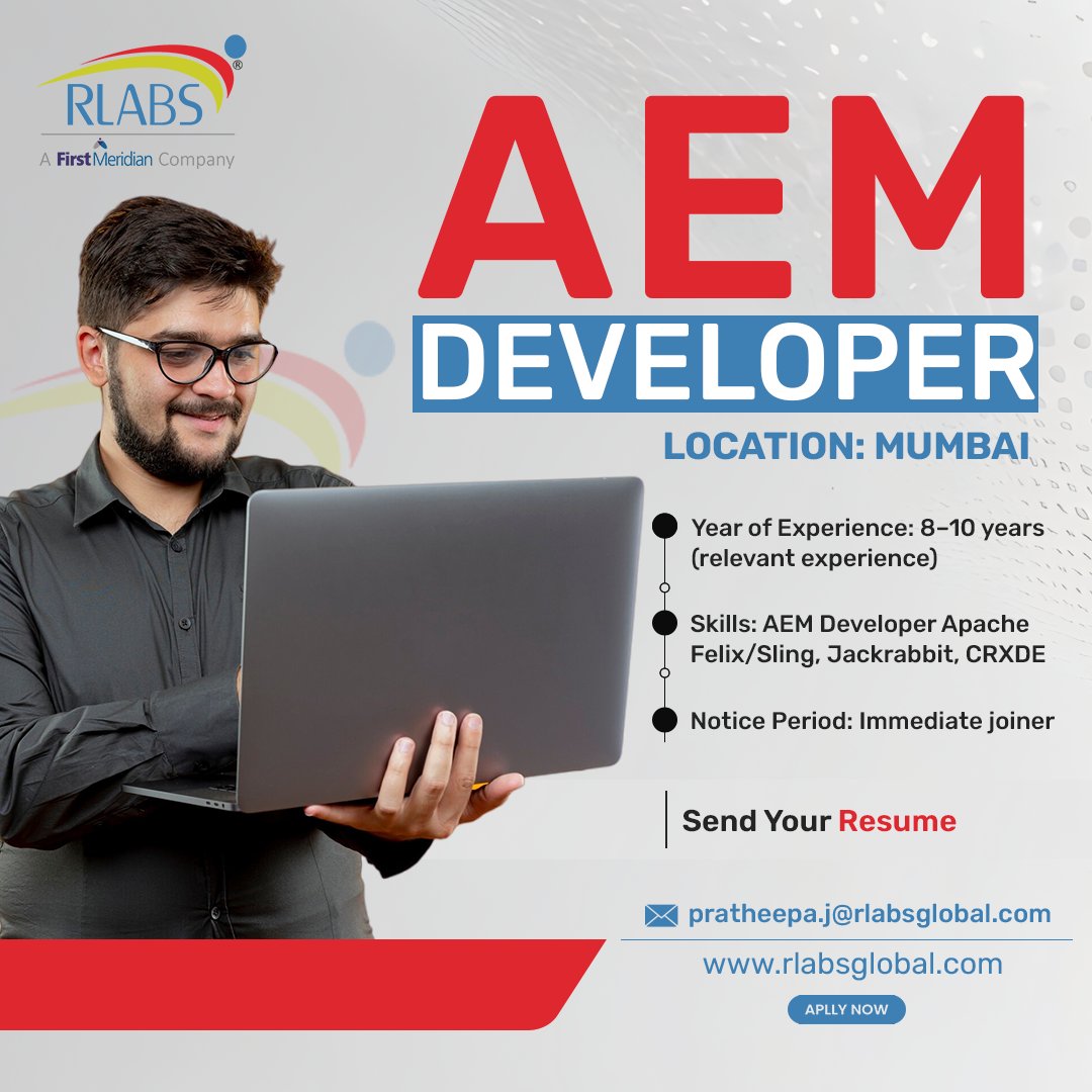 RLabsglobal's tweet image. We are looking to hire an experienced AEM Developer
If you are interested, please send your resume to pratheepa.j@rlabsglobal.com
-
#Hiring #AEM #AEMDeveloper #RLabs