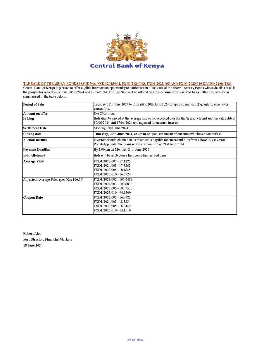 Tap Sale of Treasury Bonds Issue Nos. FXD1/2023/002, FXD1/2024/003, FXD1/ 2023/005 and FXD1/2023/010 dated 24/06/2024