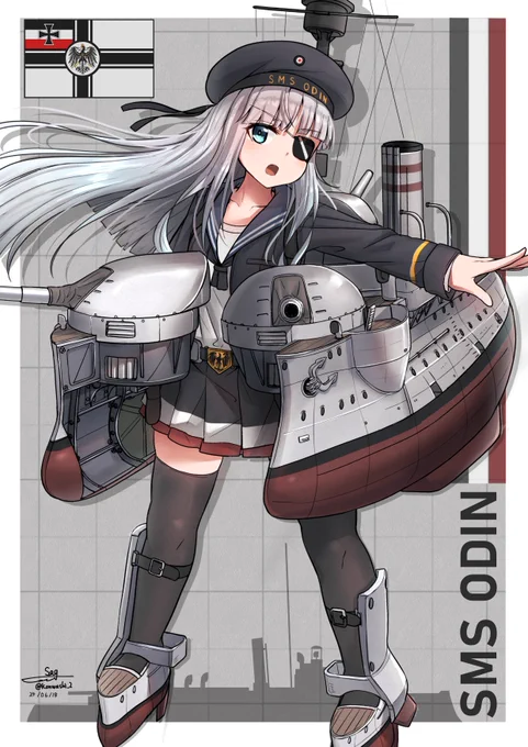 リハビリ擬人化2。個人的に好きな艦の一つ。ドイツ帝国海軍の海防戦艦「オーディン」主砲塔2基が横並びで配置されてるのが特徴的。WW1前には既に退役していたが、再就役し沿岸防衛任務に割り当てられ、戦闘は経験しなかった。 