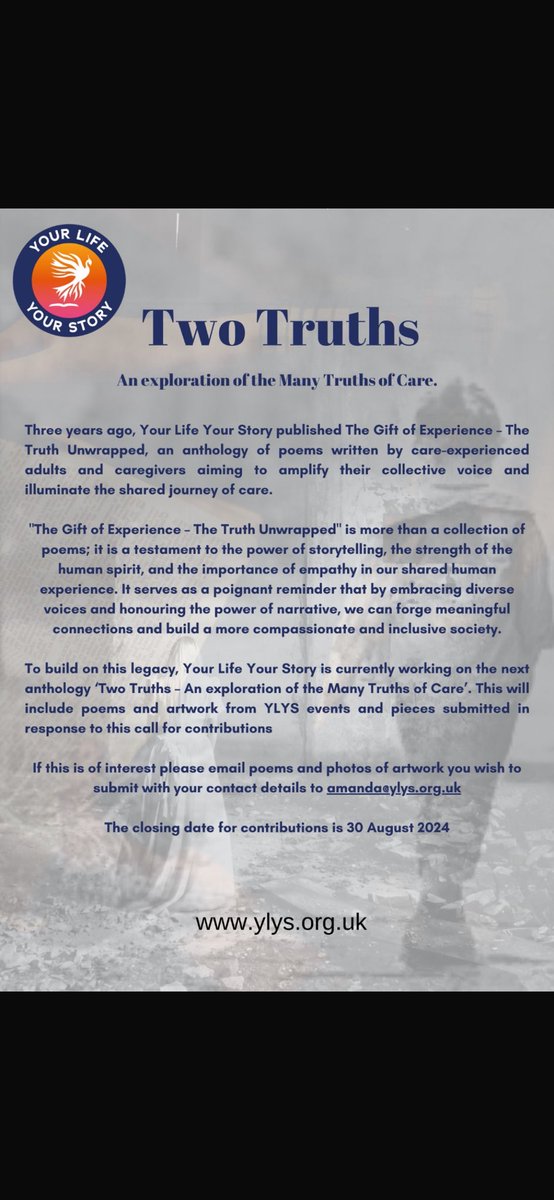 Call for submissions for <a href="/YLifeYStory/">Your Life Your Story</a> 2nd book. 
<a href="/samuptonn/">Sam Upton</a> <a href="/JonjayNeedham1/">Jon Needham</a> @jamie_crabb <a href="/nlcbf/">nlcbf</a> <a href="/Catch22/">Catch22</a> <a href="/ResCareTo21/">ECLCM</a> <a href="/article_39/">Article 39</a>