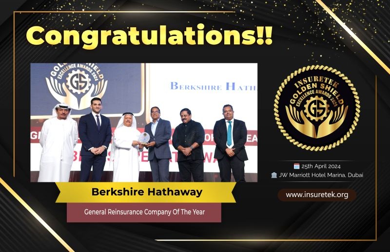 🎉 Congratulations to Berkshire Hathaway for winning the prestigious 𝐆𝐞𝐧𝐞𝐫𝐚𝐥 𝐑𝐞𝐢𝐧𝐬𝐮𝐫𝐚𝐧𝐜𝐞 𝐂𝐨𝐦𝐩𝐚𝐧𝐲 𝐎𝐟 𝐓𝐡𝐞 𝐘𝐞𝐚𝐫 at the 𝐈𝐧𝐬𝐮𝐫𝐞𝐓𝐞𝐤 𝐆𝐨𝐥𝐝𝐞𝐧 𝐒𝐡𝐢𝐞𝐥𝐝 𝐄𝐱𝐜𝐞𝐥𝐥𝐞𝐧𝐜𝐞 𝐀𝐰𝐚𝐫𝐝𝐬 𝟐𝟎𝟐𝟒 in Dubai! 🏆