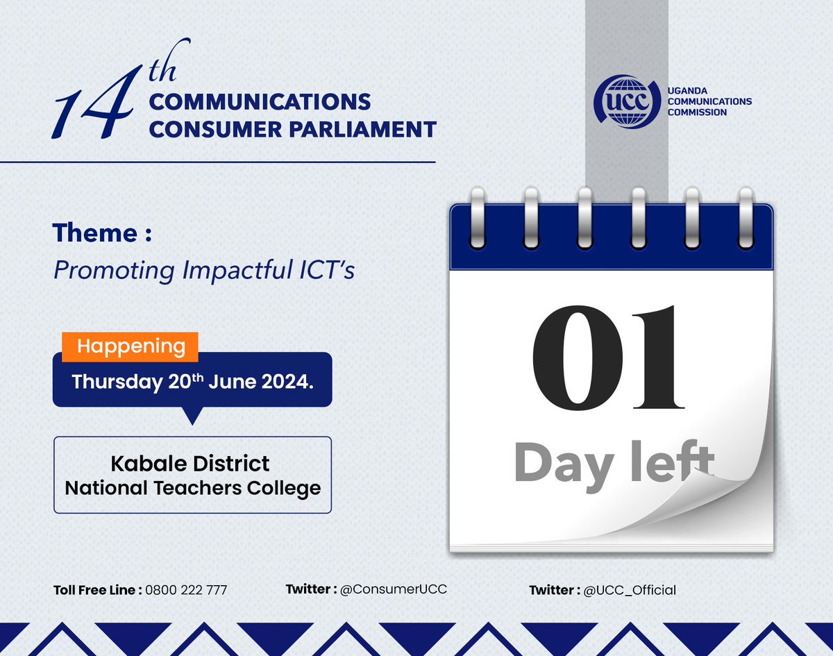 ConsumerUCC's tweet image. 1 day left to the 14th Communications Consumer Parliament, Kigezi subregion at the National Teacher's College, Kabale.

Theme: Promoting Impactful ICTS.

#CCP14 #MobileMoneyFraud #Fraud #Illegitimatedevices

@UCC_ED @UCC_Official @UgCERT @mtnug @Airtel_Ug @CONSENTUg @Utcl_ug