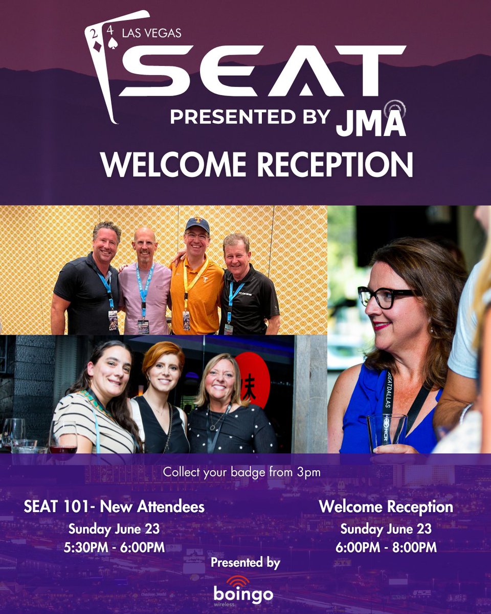 SEAT Sunday plans 📘

Arrive in Las Vegas 🛬
Pick up badge from 3pm 

Newcomers 5:30pm 
All attendees 6:00pm 

Presented by <a href="/boingo/">Boingo Wireless</a> 

#SEATLV2024 SEATConference.com