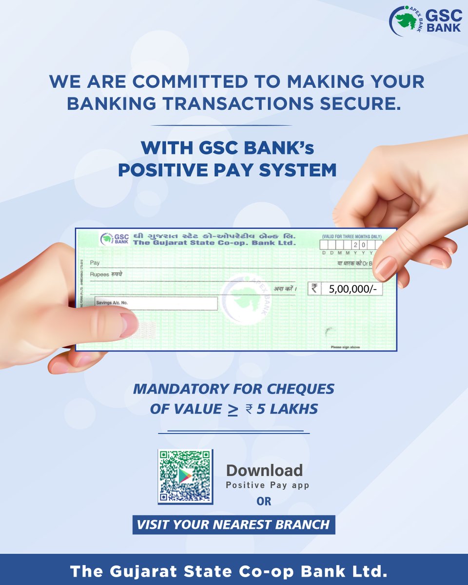 GSCBank's tweet photo. WE ARE COMMITTED TO MAKING YOUR BANKING TRANSACTIONS SECURE, WITH GSC BANK'S POSITIVE PAY SYSTEM.
POSITIVE PAY SYSTEM ENABLES AN ADDITIONAL SECURITY LAYER TO THE CHEQUE CLEARING PROCESS.
#GSCB #PositivePaySystem #PPS #ChequeClearing #SaferTransaction #PositivePayApp #Cheque https://t.co/PAH2gPnsB8