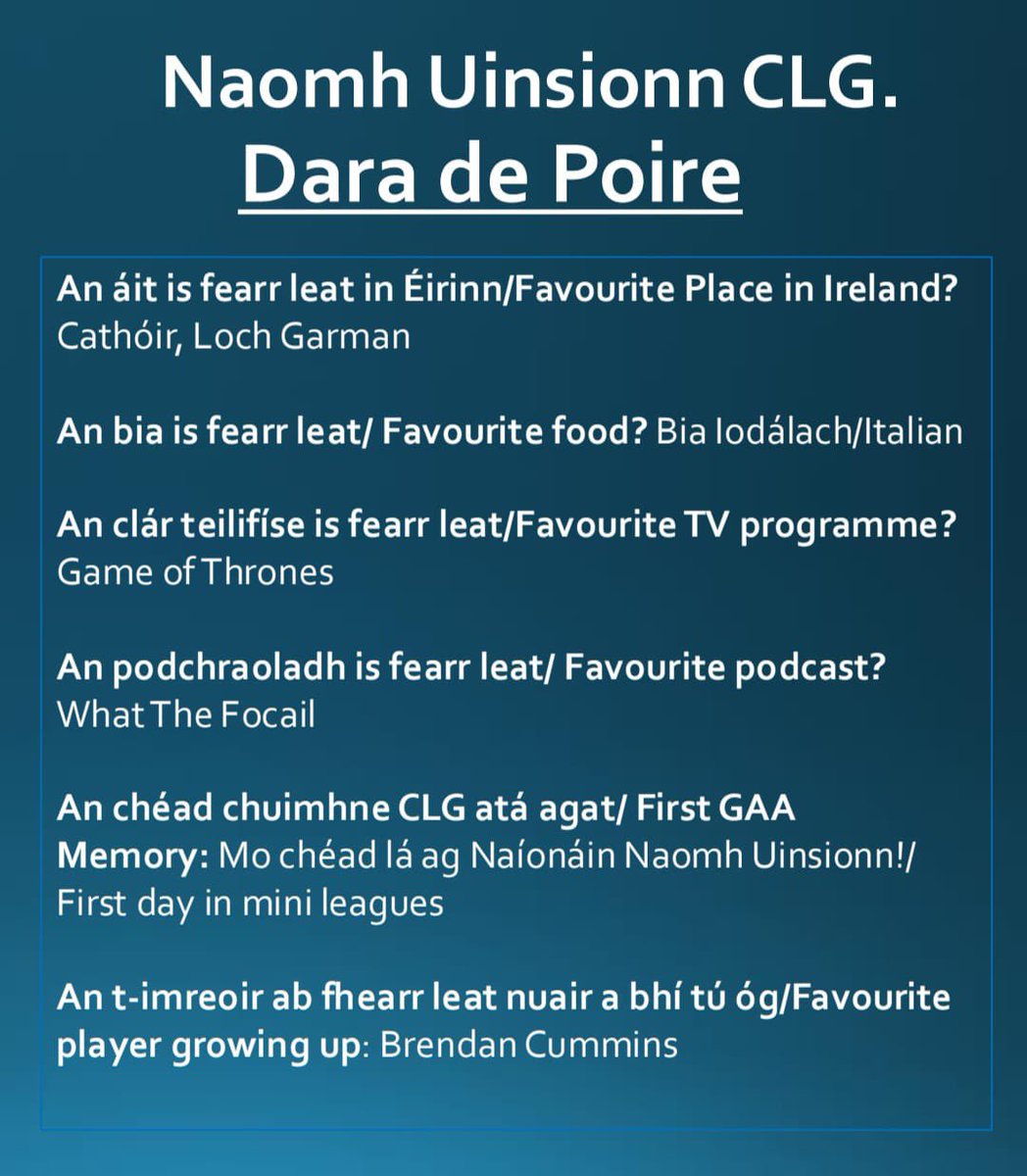 Cur aithne ar Ambasadóir na Gaeilge, Naomh Uinsionn CLG #GAAGaeilge.

Get to know Ambasadóir na Gaeilge, Naomh Uinsionn CLG #GAAGaeilge.