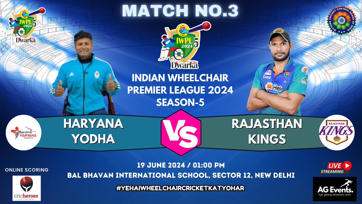 DCCBIofficial's tweet photo. Indian Wheelchair Premier League Season 5 
Match No. 3
Haryana Yodha Vs Rajasthan Kings 
#IWPL #IWPL5
#WheelchairCricketKaTyohar
#CelebratingInclusivity #InclusiveCricket 
.
#DCCBI #wheelchaircricket #SupportWheelchairCricket #Cricket #haryana #rajasthan https://t.co/7YmNij233e