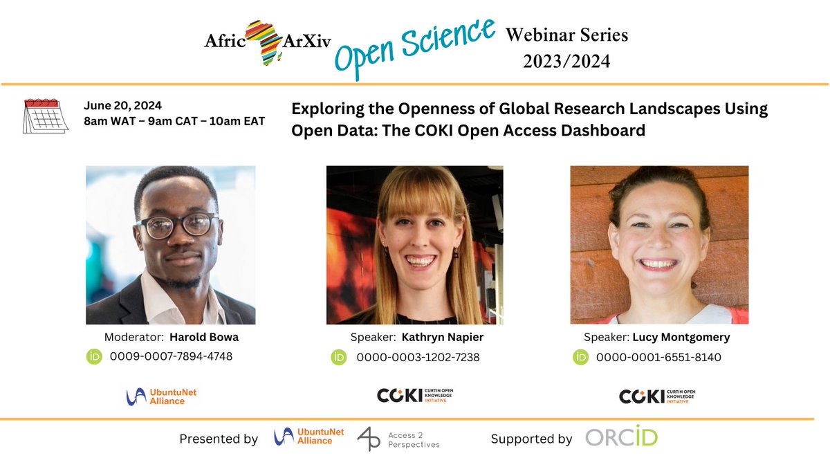 AfricArXiv (@africarxiv) on Twitter photo Join our webinar session tomorrow, June 20th, 2024 at 8 am WAT ā 9 am CAT ā 10 am EAT.
This session will feature Kathryn Napier and <a href="/LucyMontgomery_/">@LucyMontgomery_@toot.community</a> of <a href="/COKIproject/">COKI Project</a>
Register here: ubuntunet.zoom.us/webinar/registā¦
Moderator: <a href="/harold_bowa/">Harold Bowa</a>
#OpenScience #OpenAccess
<a href="/CurtinUni/">Curtin University</a> Join our webinar session tomorrow, June 20th, 2024 at 8 am WAT ā 9 am CAT ā 10 am EAT.
This session will feature Kathryn Napier and <a href="/LucyMontgomery_/">@LucyMontgomery_@toot.community</a> of <a href="/COKIproject/">COKI Project</a>
Register here: ubuntunet.zoom.us/webinar/registā¦
Moderator: <a href="/harold_bowa/">Harold Bowa</a>
#OpenScience #OpenAccess
<a href="/CurtinUni/">Curtin University</a>