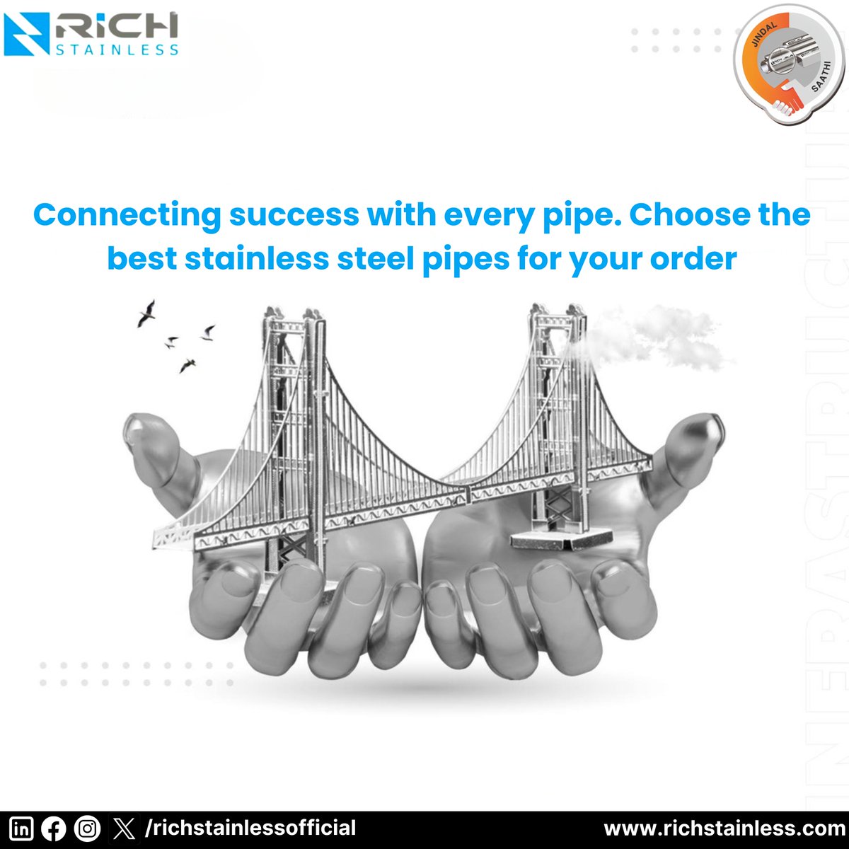Elevate your projects with our premium stainless steel pipes. Strength, quality, and reliability in one. #stainlesssteel #bridge #304stainlesssteel #jindalsteel #richstainless