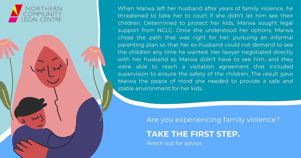 After her divorce, Marwa was able to build a stable and nurturing environment for her children while maintaining her own safety and protection from family violence. Read her story here: northernclc.org.au/take-the-first…