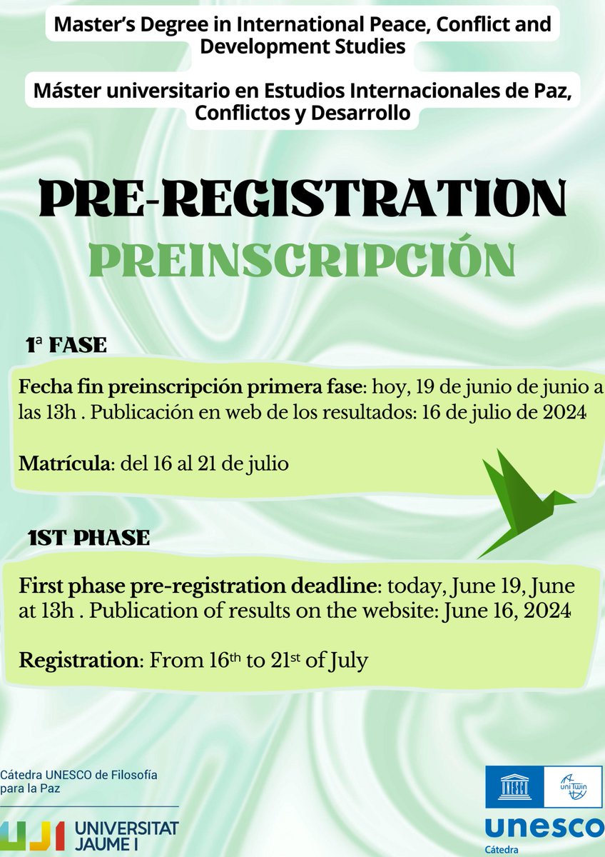 Os recordamos algunas fechas importantes de la primera fase del calendario de preinscripción y matrícula para el próximo curso.

---

We remind you of some important dates of the first phase of the pre-enrollment and registration calendar for the next academic year.