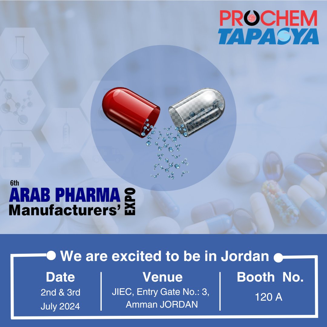 TapasyaIndia's tweet photo. Join us at the ARAB Pharma Exhibition in Jordan! From July 2nd  to 3rd , our team at Prochem Tapasya will showcase our cutting-edge innovations in complete pharma machine manufacturing. Visit us at Booth 120A!

📍Location: Jordan 
📅 Dates: July 2nd  to 3rd https://t.co/OnR0xeENvx